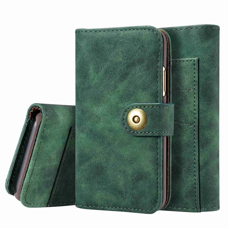 for IPhone Cowhide Business Wallet Detachable Flip Phone Case Holder Protective Leather Case-green