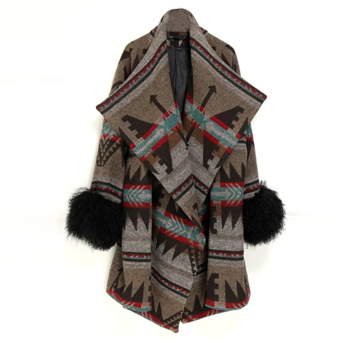 Осень зима бренд для женщин национальный тренд большой лацканы Индийский тотем печати монгольский мех рукава негабаритных теплый шерстяной пальто