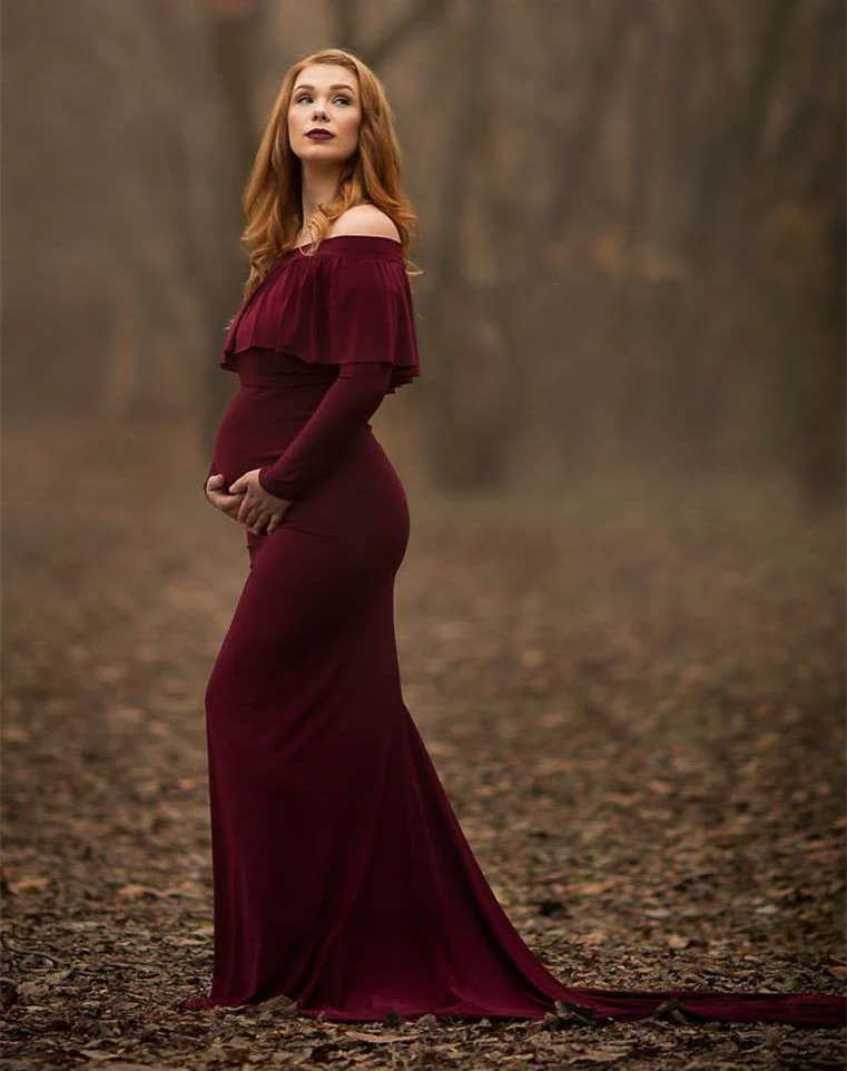 Wine red Платья для беременных с оборками для фотосессии длинное платье для беременных реквизит для фотосъемки с открытыми плечами платье макси для беременных - Цвет: Wine red