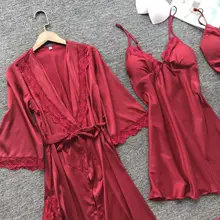 Feier Ice Silk Robe Femme нижнее белье сексуальный женский халат и платье наборы кружева 2 шт пижамы женский s комплект сна