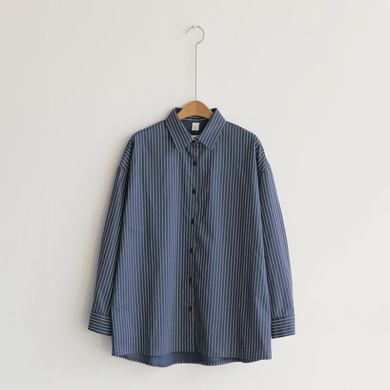 Blue Blouse Новое поступление, Женская белая рубашка в полоску с отложным воротником, рукав летучая мышь, на пуговицах, Длинная блузка, корейский стиль, женская блуза T9O903F - Цвет: Blue Blouse