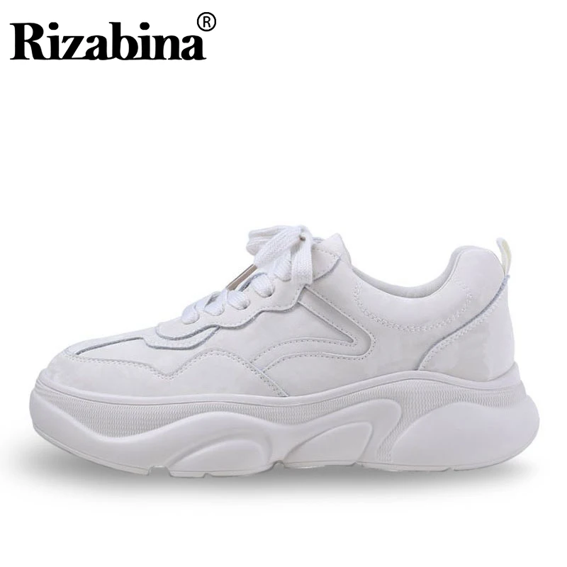 RIZABINA Real Leather Sneakers Women Thick Sole Solid Color Lace Up Flats Shoes Daily Outdoor Leisure Shoes Women Size 35-39