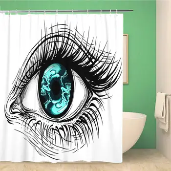 

Bathroom Shower Curtain Tattoo of Realistic Human Eye Girl Circular Blue Skull Waterproof Bath Curtain Set with Hooks