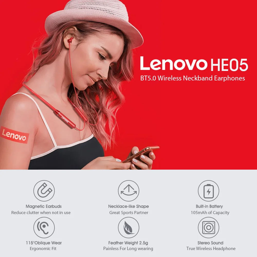 Lenovo He05 Neckband Bluetooth Earphone | Lenovo Bluetooth Wireless  Headphones - Earphones & Headphones - Aliexpress