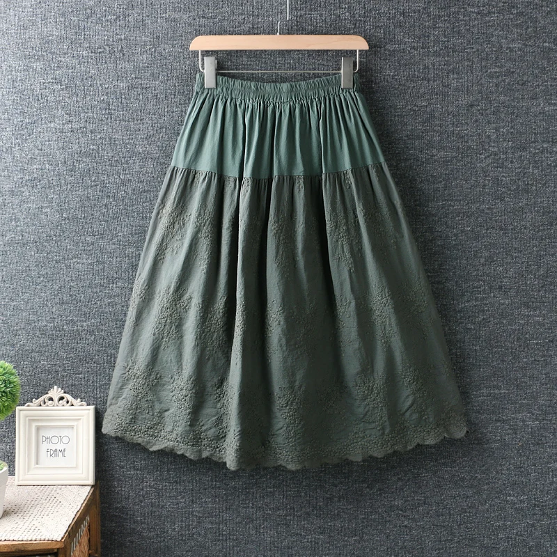 Green Mori Girl Осенняя Женская хлопковая юбка в японском стиле, свободная длинная юбка с эластичной резинкой на талии и вышивкой - Цвет: Green