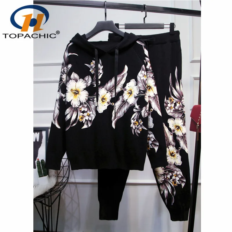 

10.13 2019 Autumn Winter New Women print flower Hooded loose long sleeve knitted hoodies pants Two piece set