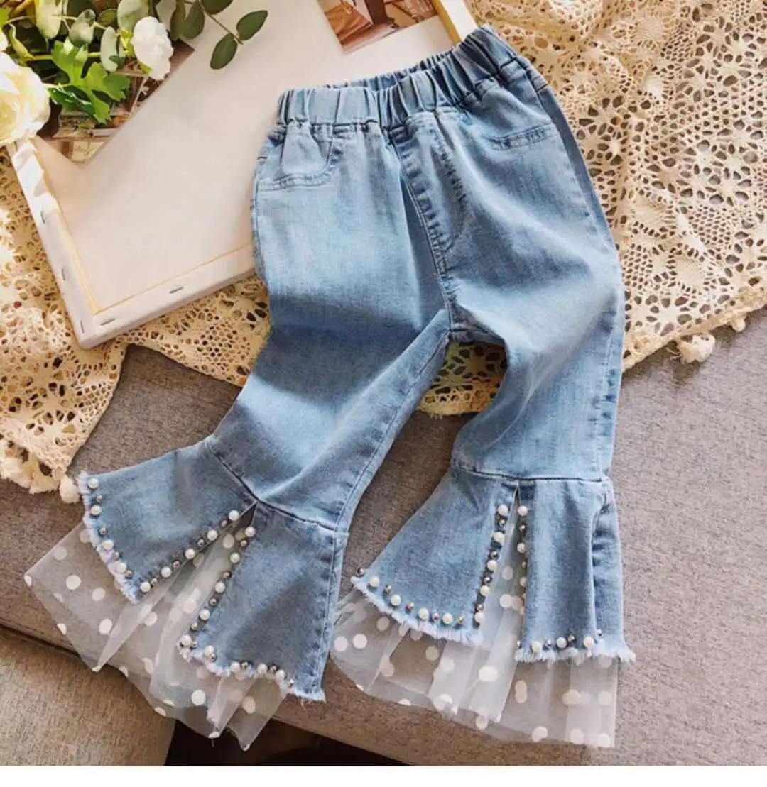 Girls Beaded Lace Jeans Pants Spring 