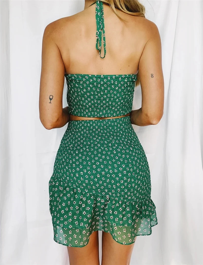 Feditch Ruffle floral print summer Women Sets Halter sleeveless short Crop Top And Skirts 2020 female chic Vintage Beach Wear