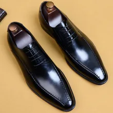 2019 New Full lace-up Handmade Oxford Shoes Men's Genuine Cow Leather Wedding Office Men's dress shoes Formal Footwear