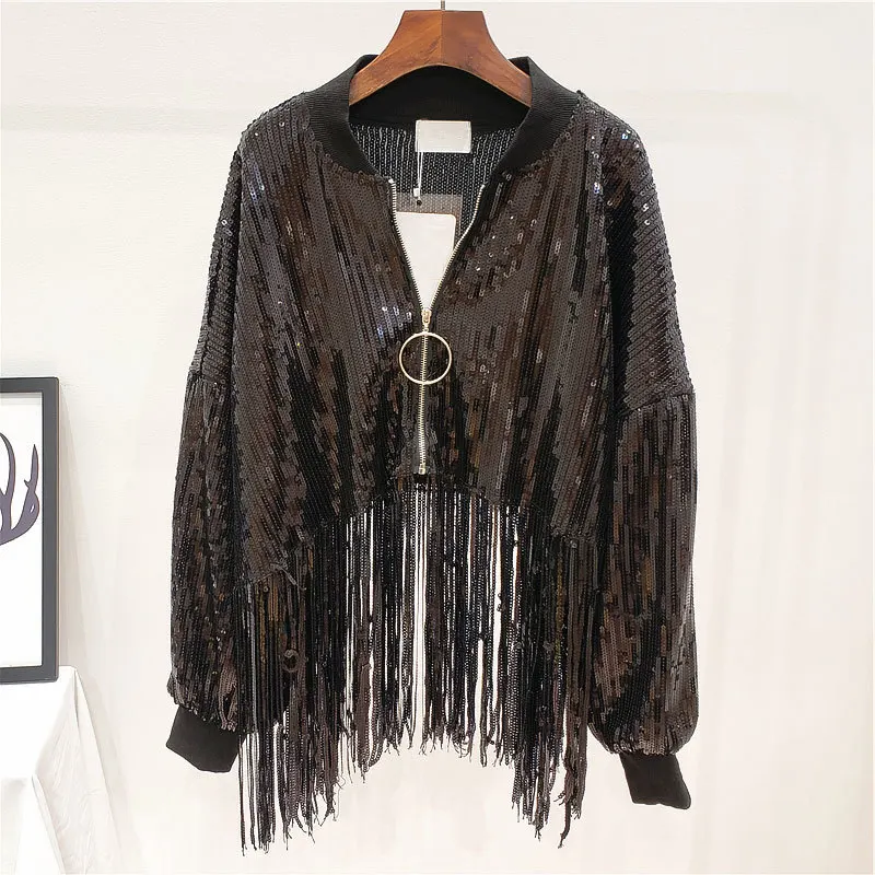 

2019 Women Jackets Coat Sequins Beading Batwing Sleeve Fashion Tassel Cropped Top Women Baseball Jacket Coat for Women Hip Hop