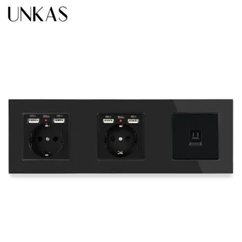 

UNKAS Glass Panel Double EU Standard Socket + 4 USB Charging Port Female Internet Computer Data RJ45 CAT5E Jack Outlet