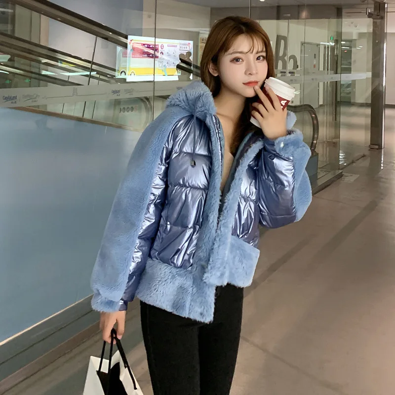 New Style Bright Surface Joint Lambs Wool Short Fur Thick ke li rong Locomotive Cotton Coat