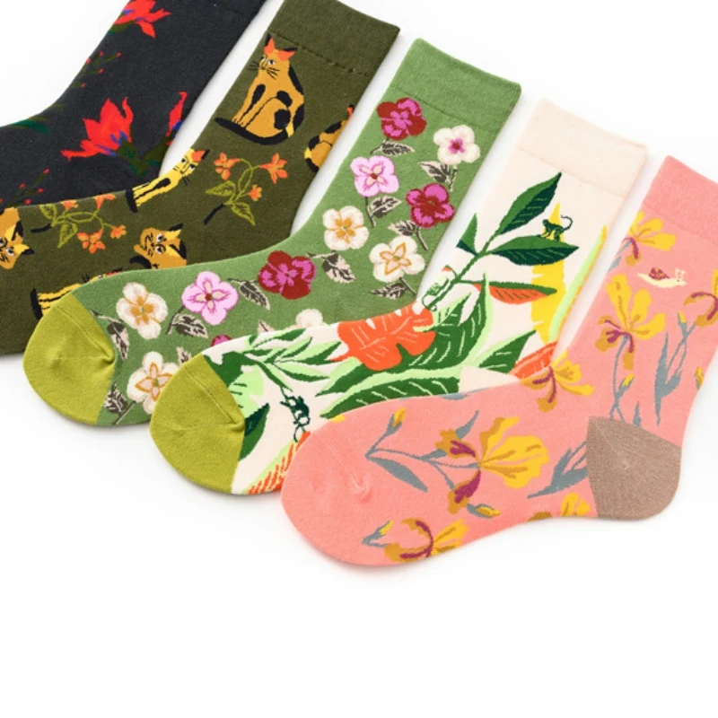 Рисунок кошки в стиле Харадзюку, с цветочным рисунком забавные женские носки из чесаного хлопка, повседневные Свадебные носки, красочные новые носки для скейтборда QW