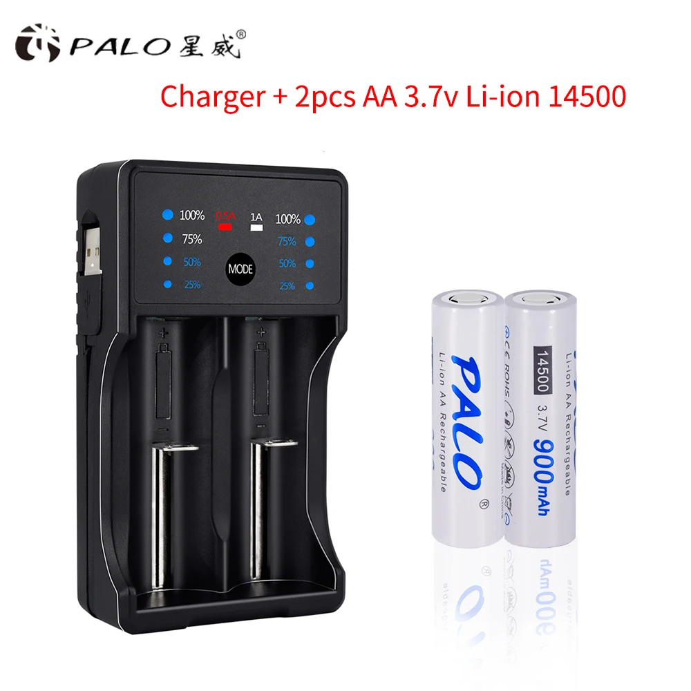 1 charger 2 battery PALO 3,7 V Li-Ion bateria 14500 Li-Ion 900mah 14500 перезаряжаемая батарея литиевая батарея для камеры Фонарик Радио игрушка - Цвет: 1 charger 2 battery