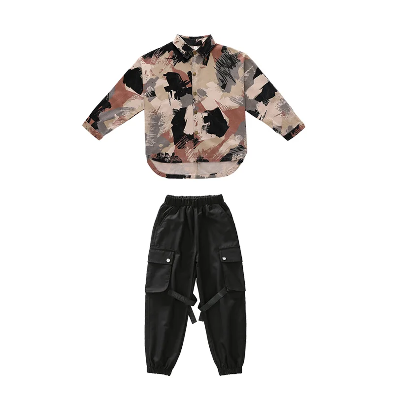 2pcs Suit Новая одежда в стиле хип-хоп для мальчиков Детский свободный танцевальный костюм камуфляжная рубашка Детская уличная одежда осенняя одежда черные штаны в стиле хип-хоп, L29 - Цвет: 2pcs Suit