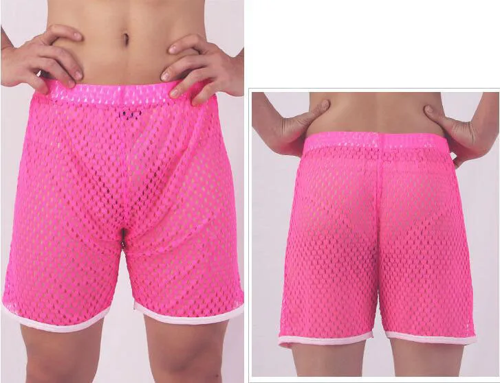 Pijama Hombre мужские шорты прозрачная сетчатая ночнушка мужские пижамы Нижнее белье Мужские сотовые дышащие ночные штаны для мужчин - Цвет: Розовый