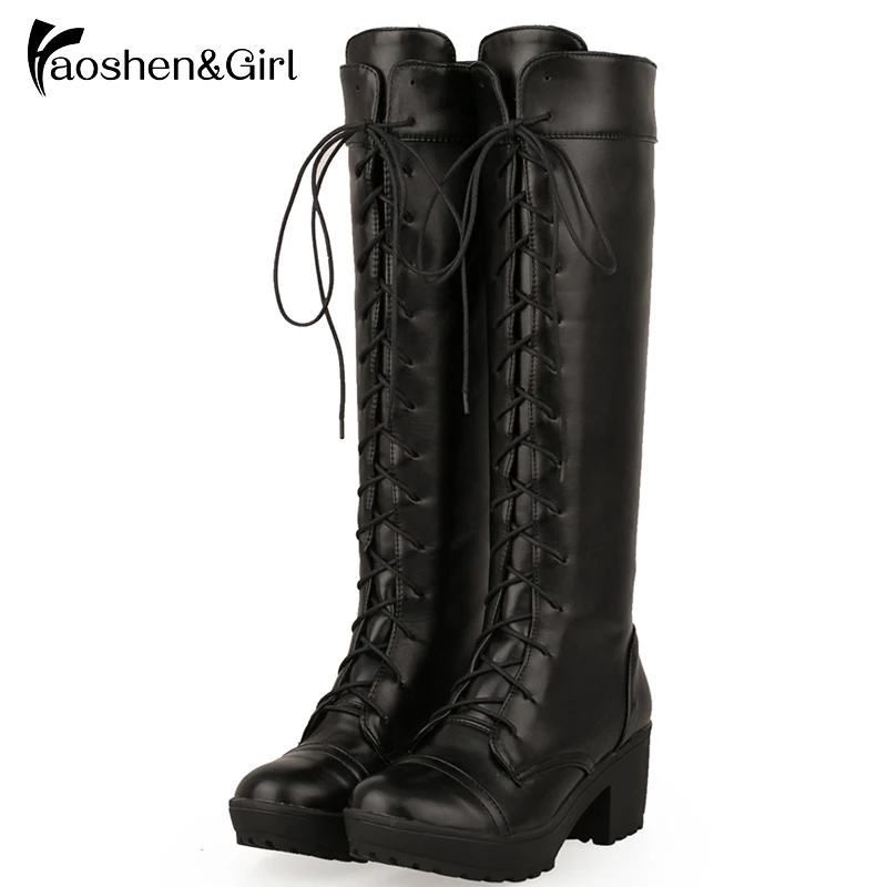Haoshen&ampGirl Women Knee-High Boots Winter Warm Steampunk Gothic Vintage Style Retro Punk Buckle Lace up Platform Size34-43 | Обувь