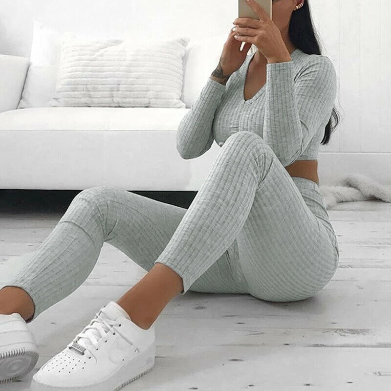 

Women Autumn Knitted 2pcs Tracksuits 2019 New Lady Long Sleeve Crop Top+Pencil Pants Knitwear Two Pieces Sets Leisure Suits Hot