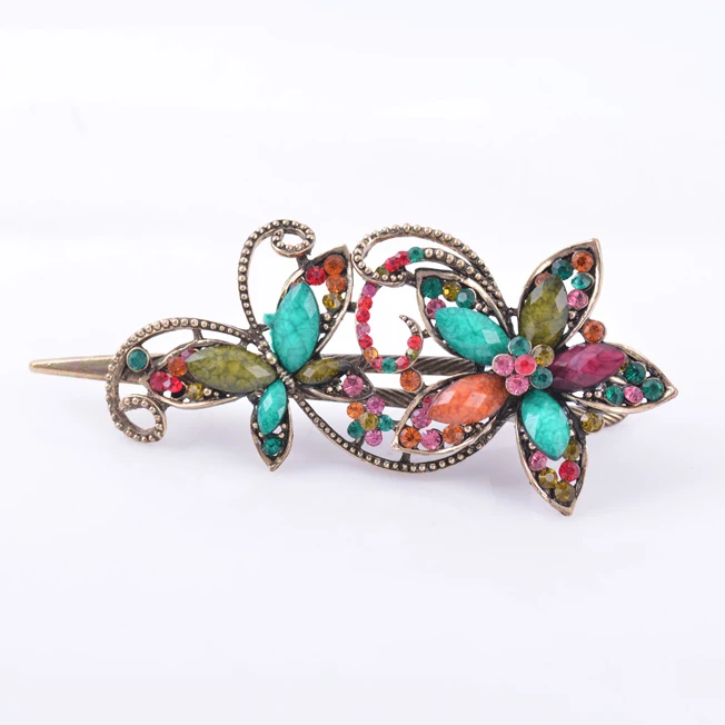 Metal Rhinestones Hair Clip Vintage Bronze Plating Butterfly Hair Claw Retro Flower Hairgrip Women Hair Jewelry