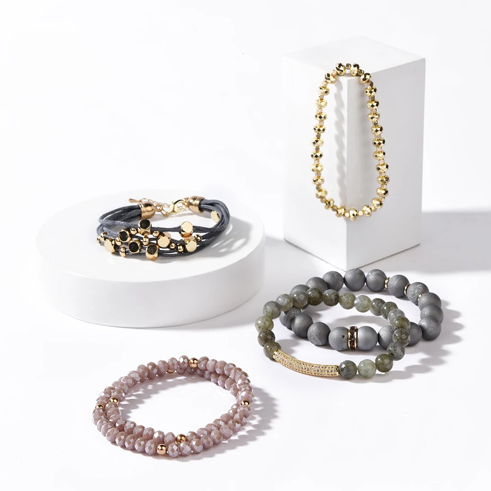 BOJIU Natural Druzy Stone Charm Bracelet For Woman 2021 New Round Quartz Agates Faceted Crystal Beads Bracelets Jewelry BCSET311