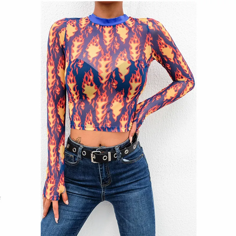 

Women T-Shirts Long Sleeve T Shirt Floral Printed Mesh Sheer Undershirts Transparent Basic Tees Fashion High Neck Slim Crop Top
