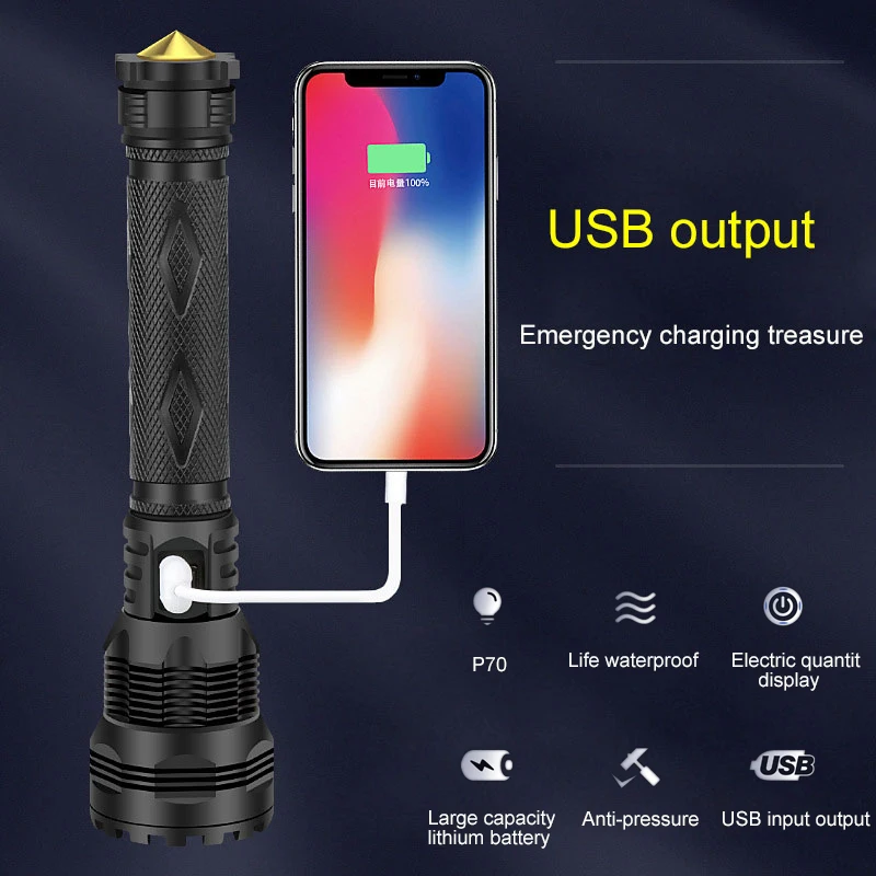 50 Вт P70 Zoom Flash светильник Мощный тактический 200-500 м водонепроницаемый ручной светильник внешний аккумулятор Встроенный перезаряжаемый аккумулятор