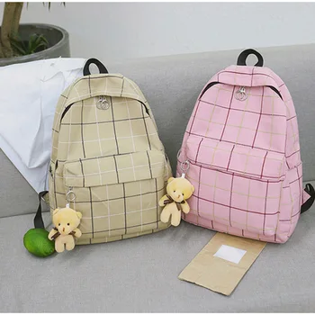 

NEW Plaid Canvas Backpack School Student Bags Big Capacity Travel Hicking Packs For Teenage Girls Fashion Bookbags with Pendant