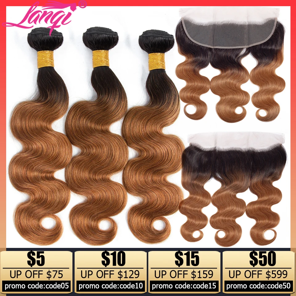 

T1b/30 honey blonde ombre bundles with frontal Brazilian human hair weave body wave bundles with lace frontal closure non-remy
