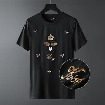 

2020 Bees Embroidery Sequins T Shirts Men Summer Clothes Fashion Streetwear Short Sleeve O Neck Slim T-shirt Camiseta Masculina