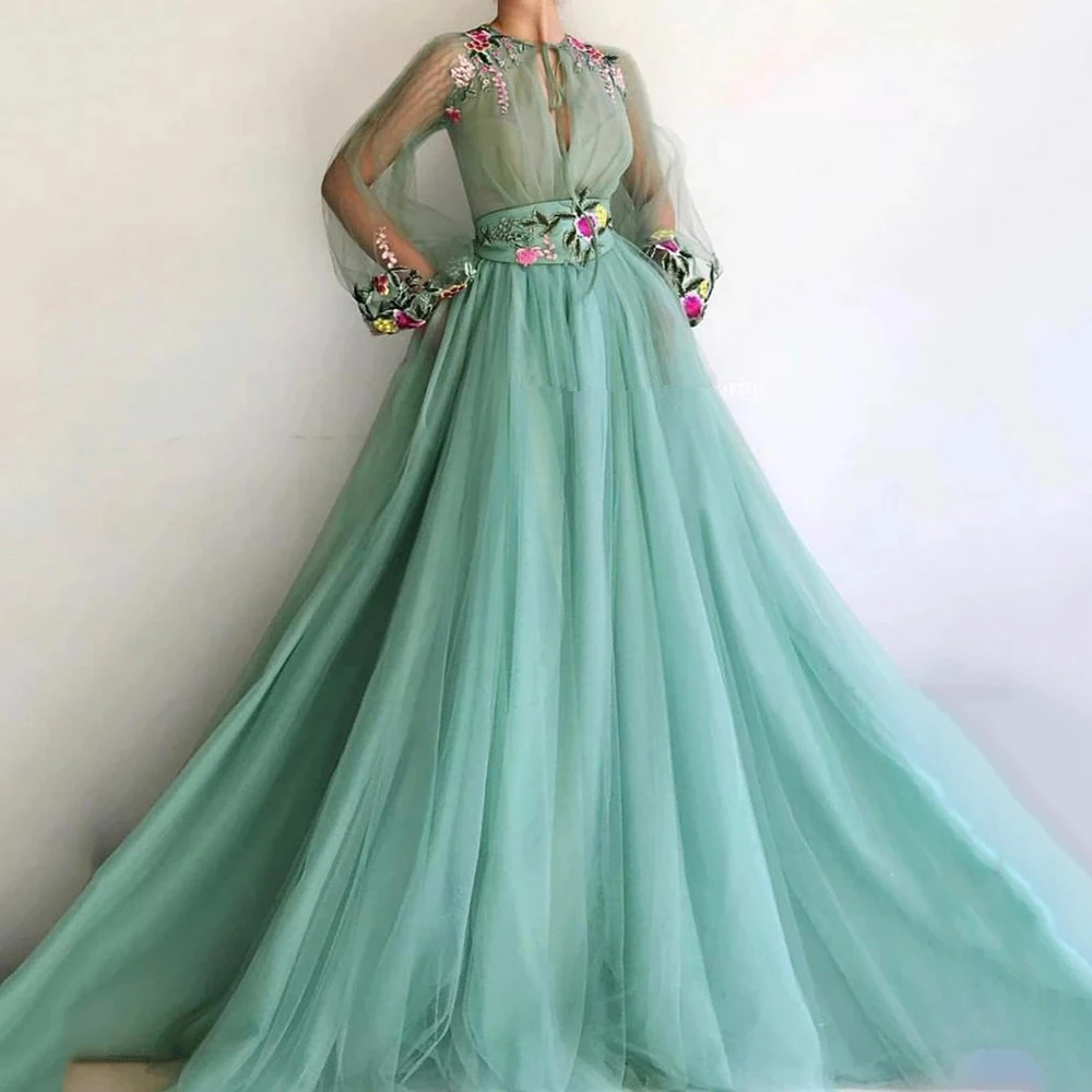 

Eightree Evening Dresses 2020 A-line Long Puff Sleeves Tulle Embroidery Prom Dress Dubai Saudi Arabia Formal Evening Party Gown