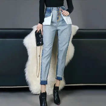 

iMucci Denim Trousers For Women High Waist Hit Colors Patchwork Pockets Ankle Length Jeans Female 2020 Spring Casual TM1457
