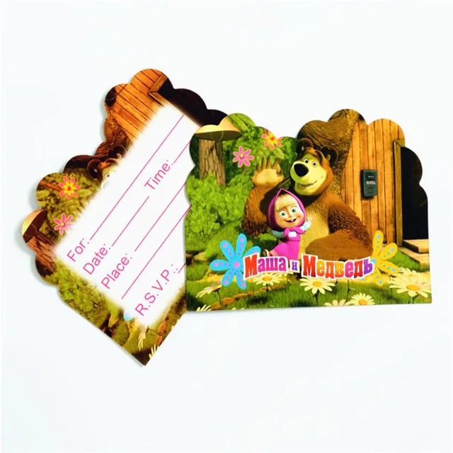 Cartoon Brown Bear Theme Paper Cup Plate Napkin Flag Hat Cap Straw Kids Favor Birthday Party Decoration Disposable Tableware - Цвет: 10pc invitation card