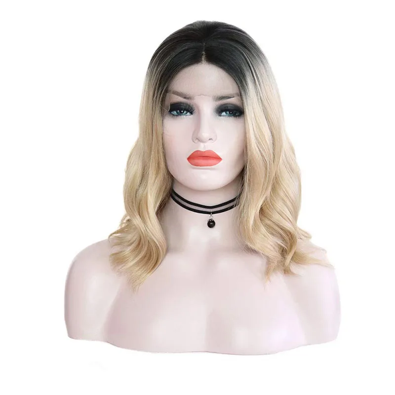 

RONGDUOYI Short Bob Hair Wave Lace Front Wigs for Women Ombre Blonde Synthetic Wig Half HandTied Glueless Daily Use Cosplay Hair