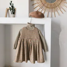 Новые зимние клетчатые платья-майки в Корейском стиле для маленьких девочек милое плотное теплое детское платье без рукавов рождественское бальное платье