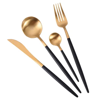 

4pcs/set 304 Stainless Steel Western Cutlery Set Noble Fork Knife Spoons Dinnerware Kitchen Tableware Black Gold WB2380