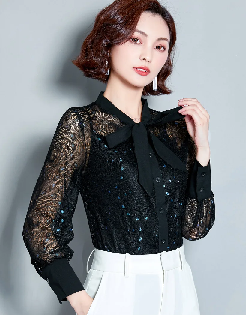 Blusas mujer de moda Осенняя кружевная рубашка с длинными рукавами сексуальная открытая женская блузка с бантом рубашка плюс размер Свободная Женская рубашка