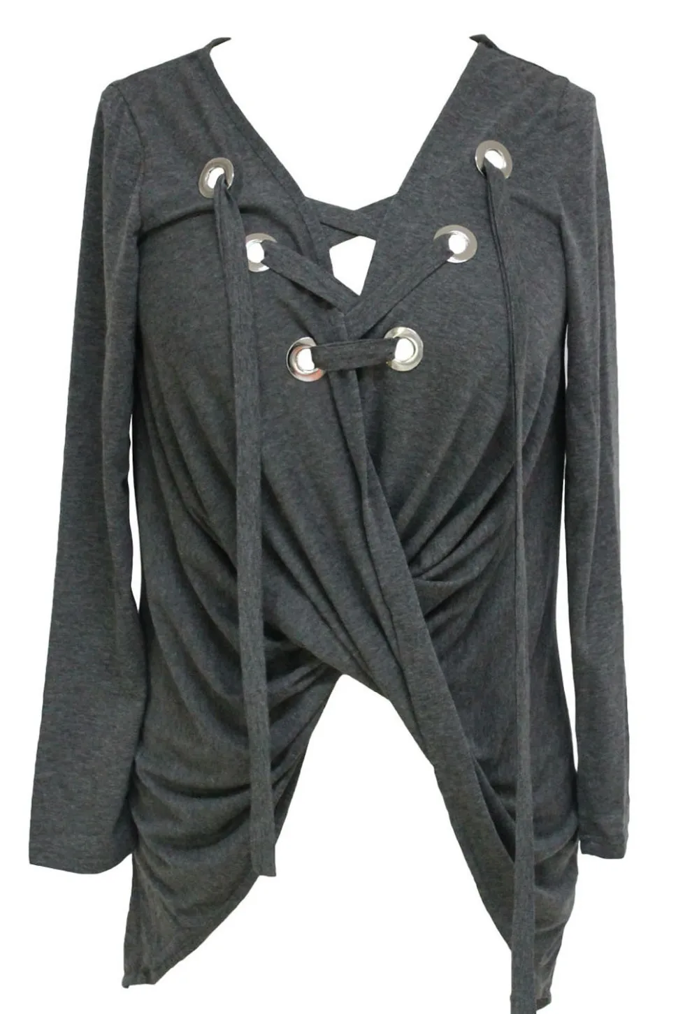 Lace Up Long Sleeve Ruched Pullover Shirt