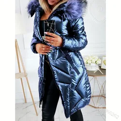 Women Cotton Winter Hooded Slim Mid-length Long-sleeved Zipper Casual Bright PU Solid Color Big Fur Collar Fashion Warm Jacket