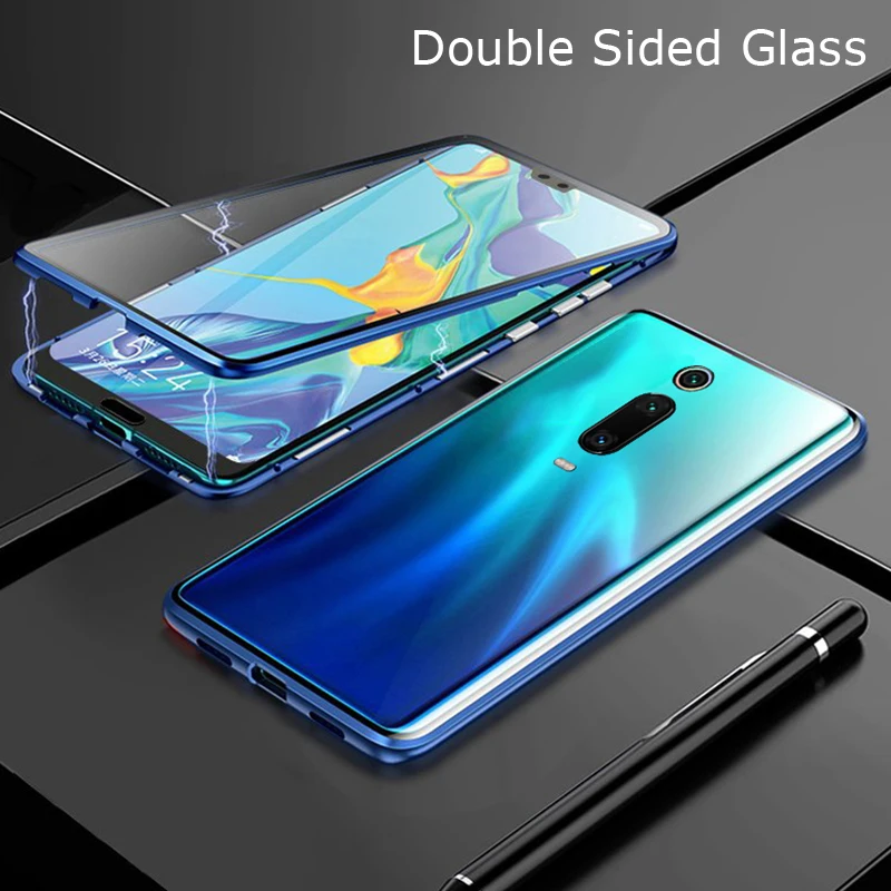 Магнитные поглощающие металлические флип-Чехлы для Xiaomi Redmi K20/K20Pro двухсторонняя задняя крышка из закаленного стекла для телефона RedmiK20 K20 Pro - Цвет: Blue Double Glass