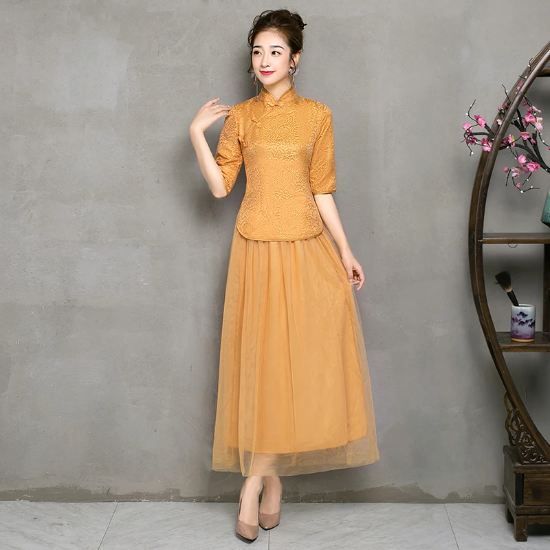 B3 long gold 2 шт./компл. Винтаж китайский Стиль Ретро тостов платье брак Cheongsam Qipao вечерние свадебное платье подружки невесты золото платье для выпускного вечера - Цвет: B3 long gold