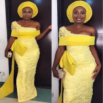 

Elegant Mermaid Evening Gowns Light Yellow Long Evening Gowns Beads Abendkleider African Formal Dresses Overlay Off Shoulder