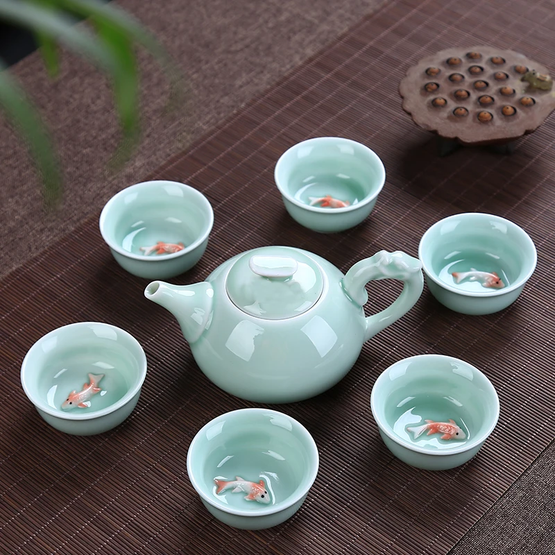 Longquan Celadon fish tea set ceramic teapot kettle ceramic tea cup fish chinese kung fu set drinkware 1pot+6cups tea set