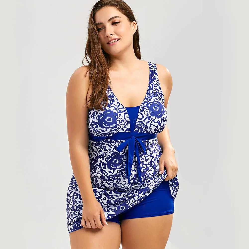 

Europe And America New Style Printed da ma qun-Two-piece Swimsuits XL-6XL Fat-Shoulder Camisole Belly Covering Bikini
