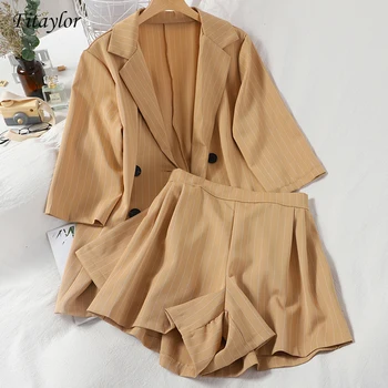 

Fitaylor 2020 Spring Summer Women Two Piece Set Office Lady Tops + Shorts Striped Top Office Suit Set Women's 2 Piece Suits