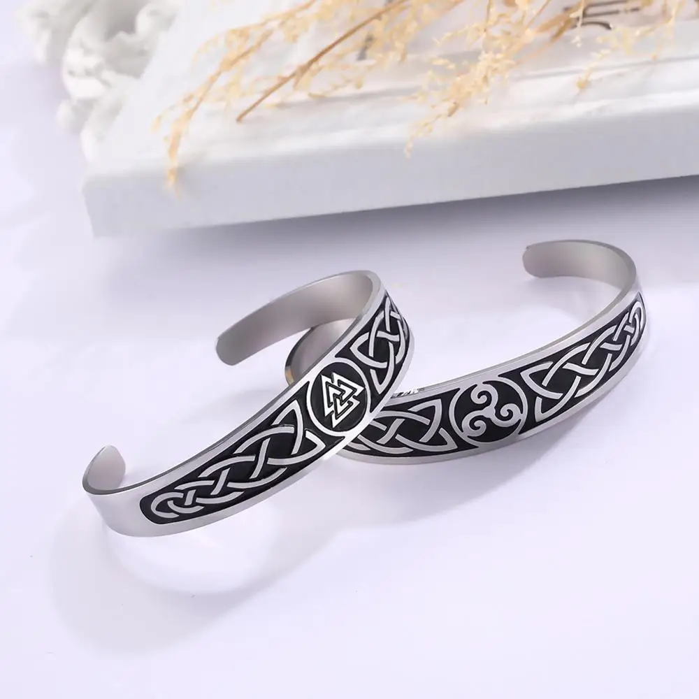 

Myshape Women Bangle Celtics Knot Symbol Ireland Hrunger Valknut 316L Stainless Steel Cuff Bracelet Viking Nordic Engraved Gift