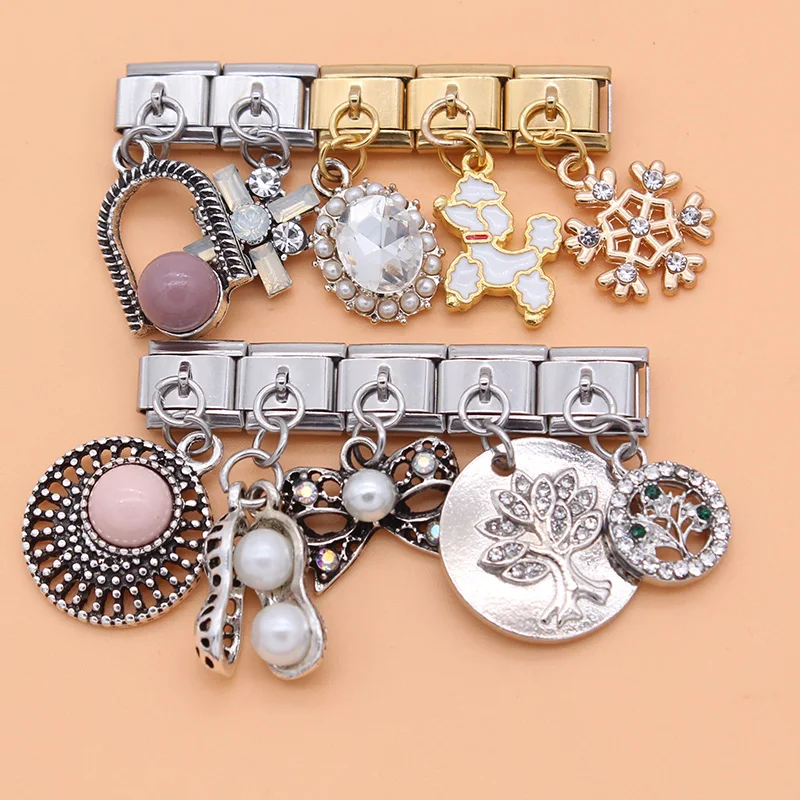 Fyour Original Daisy Bowknot Peanut Dog Snowflake Tree CZ Charm Fit 9mm Bracelet Stainless Steel Jewelry DIY Making DJ234