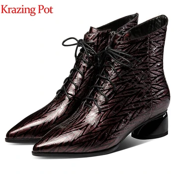 

Krazing pot cow leather pointed toe med heels zipper superstar ankle boots runway handmade motorcycles boots winter shoes l58