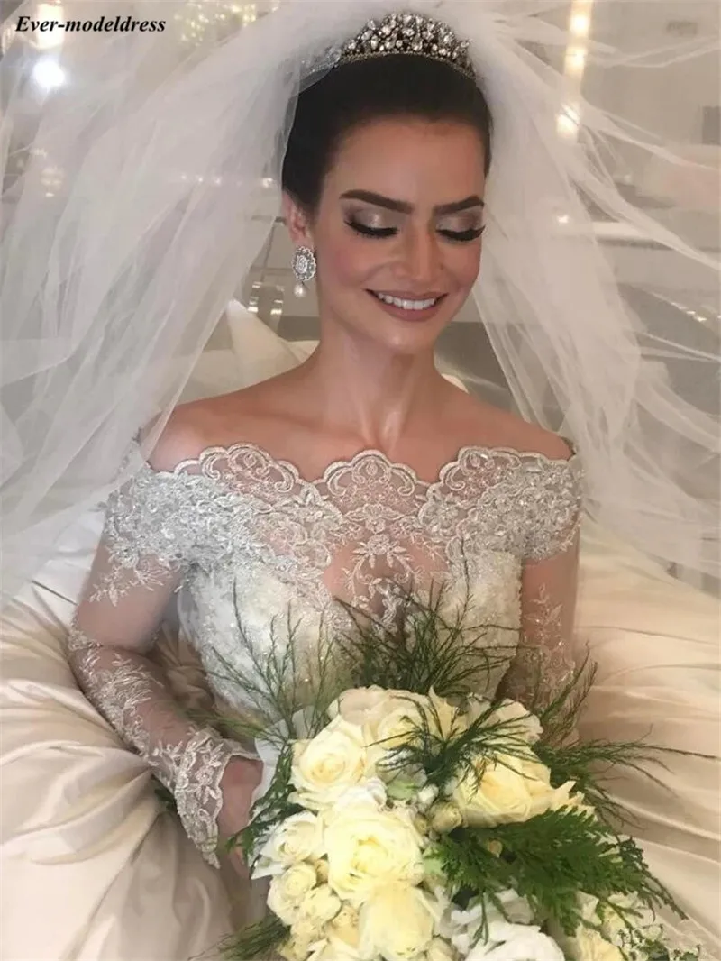 Vestido de Noiva, кружевные свадебные платья, длинные рукава, с открытыми плечами, атласный бант, а-силуэт, свадебные платья, платье невесты, Robe De Mariee