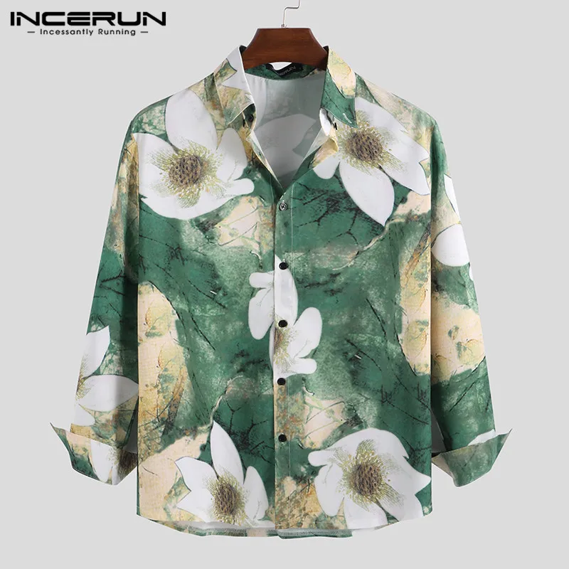 Green INCERUN мужские повседневные тонкие рубашки с цветочным принтом и длинными рукавами, тонкие рубашки с отворотами в британском стиле, уличная Стильная мужская Блузка Camisa Masculina - Цвет: Green