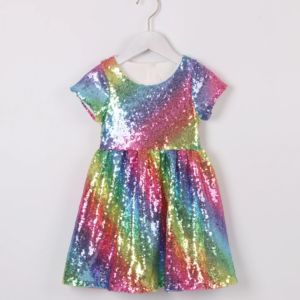 Toddler Girls Sequin Dress Kids Rainbow Princess Glitter Dress For